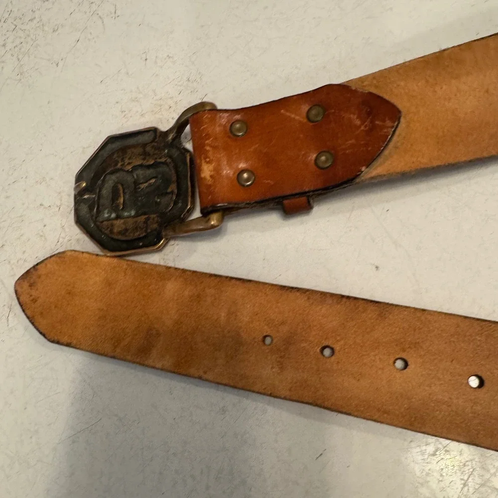 Leather Belt Mens 36 Tan Brass US Buckle Americana Military Style Rugged 0205